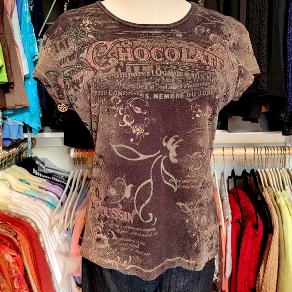 APT 9 ♡ Super-Sweet Brown 'n Tan Cotton Embellished Bling CHOCOLATE Shirt S - Picture 12 of 16